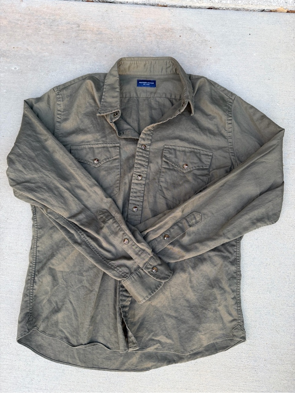 Proper Cloth Custom Tailored Utility Shirt Snap Front Olive Green (very soft!)